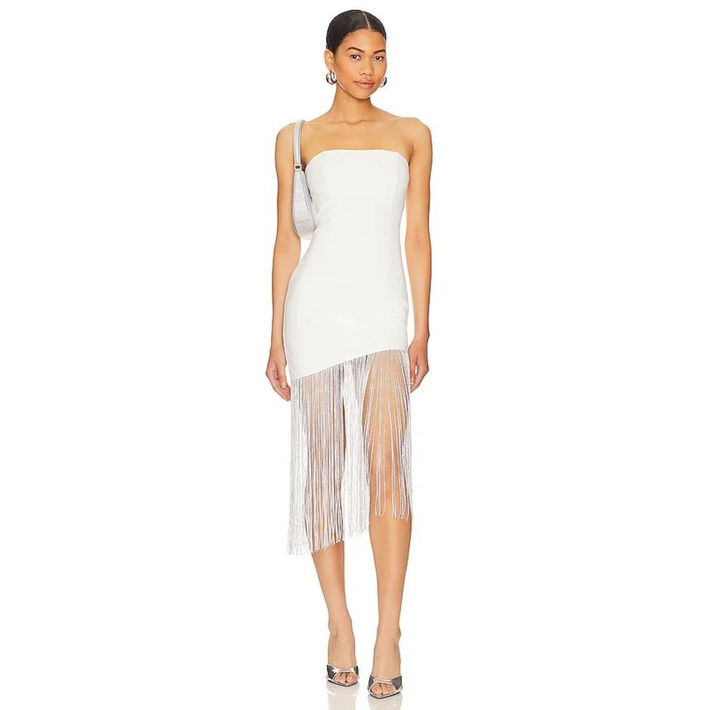 superdown White Strapless Asymmetrical Silver Metallic Fringe Mini Dress Small